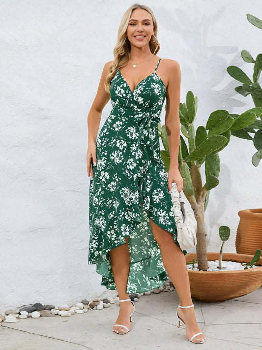 Green Halter Irregular Floral Beach Maxi Dress