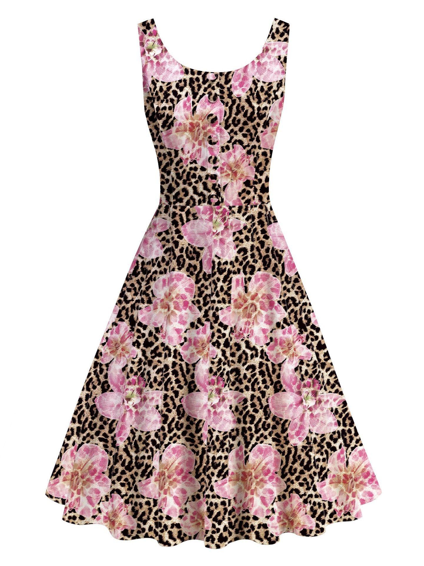 Leopard Pink Floral Print Vintage Elegant Midi Dress