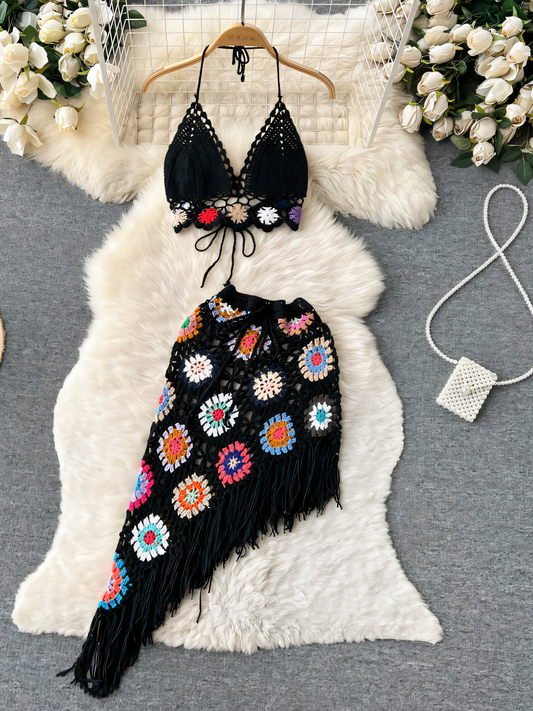 Bohemian Knitted Bandeau Top & Irregular Mini Dress