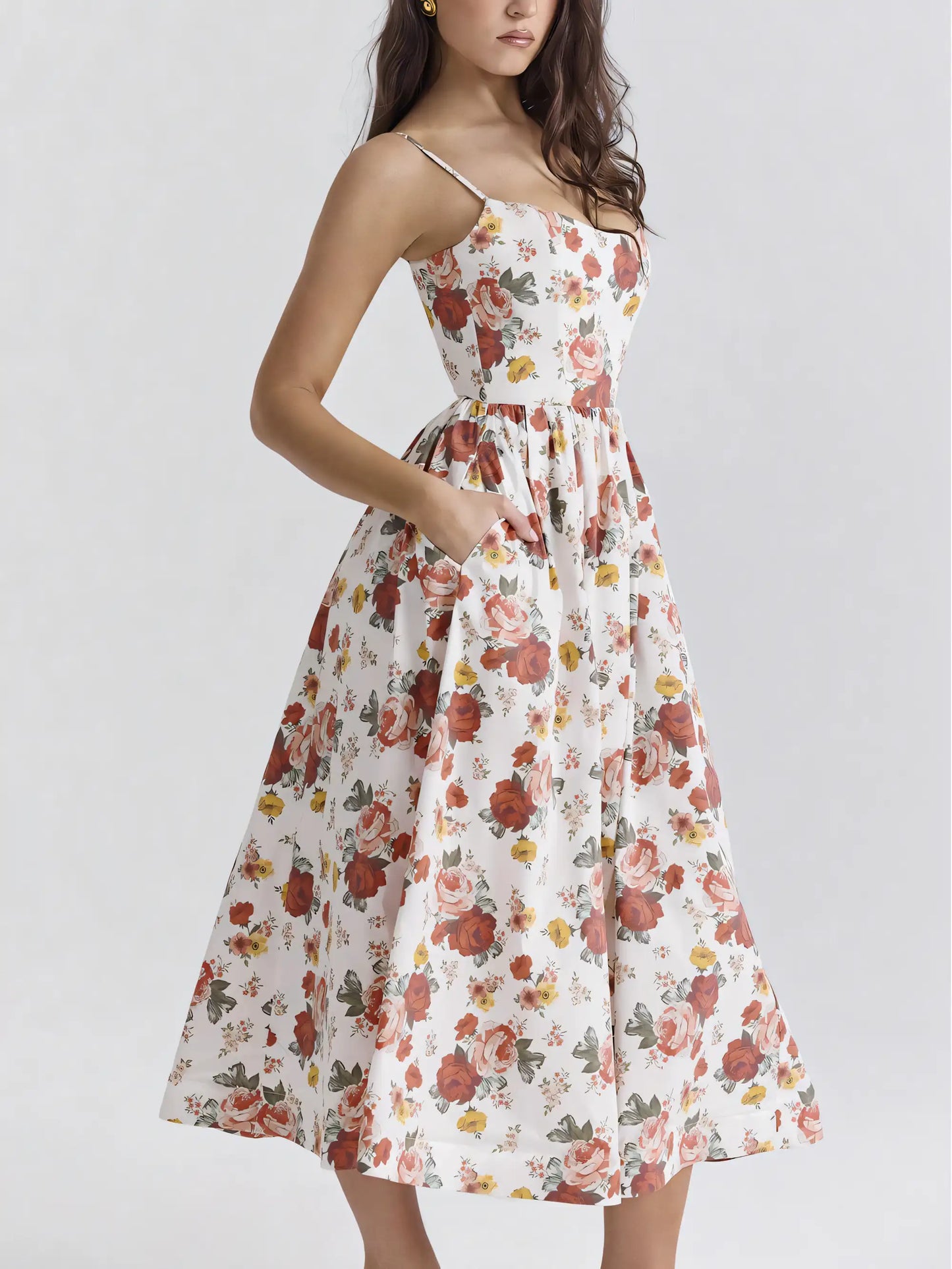 Sweet&Sexy Red Floral Backless Halter Midi Dress
