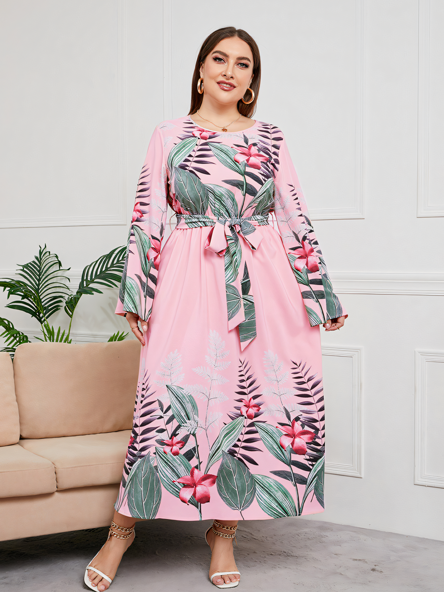 Pink Floral Print Lace-Up Maxi Dress