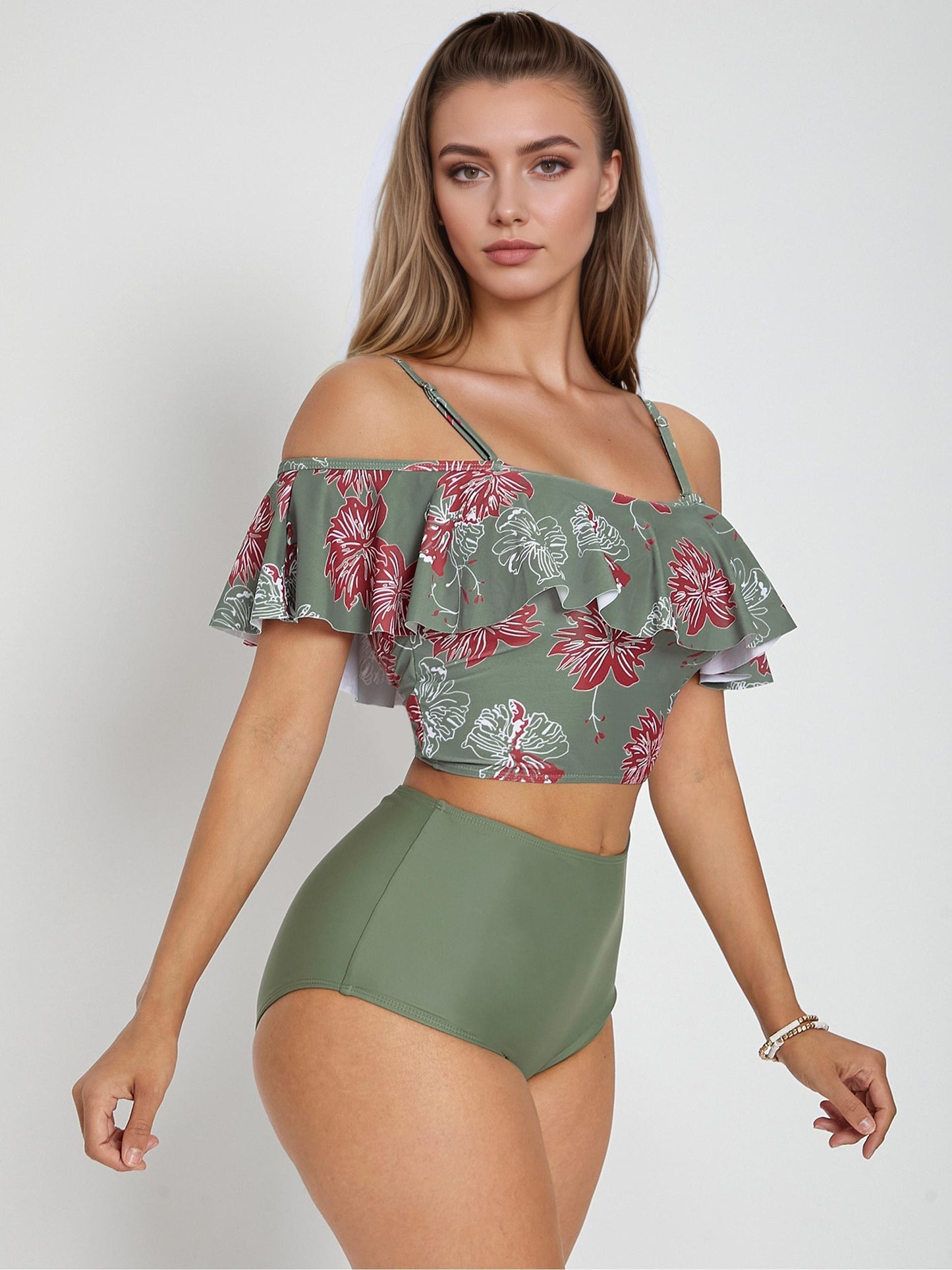 Floral Print Ruffle High-waist Tankini