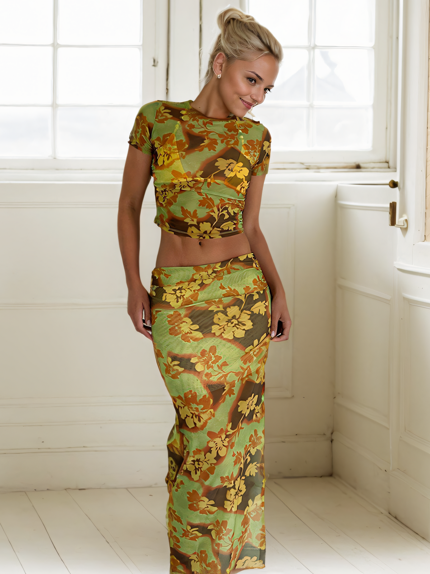 Printed Mesh Slim Maxi Dress