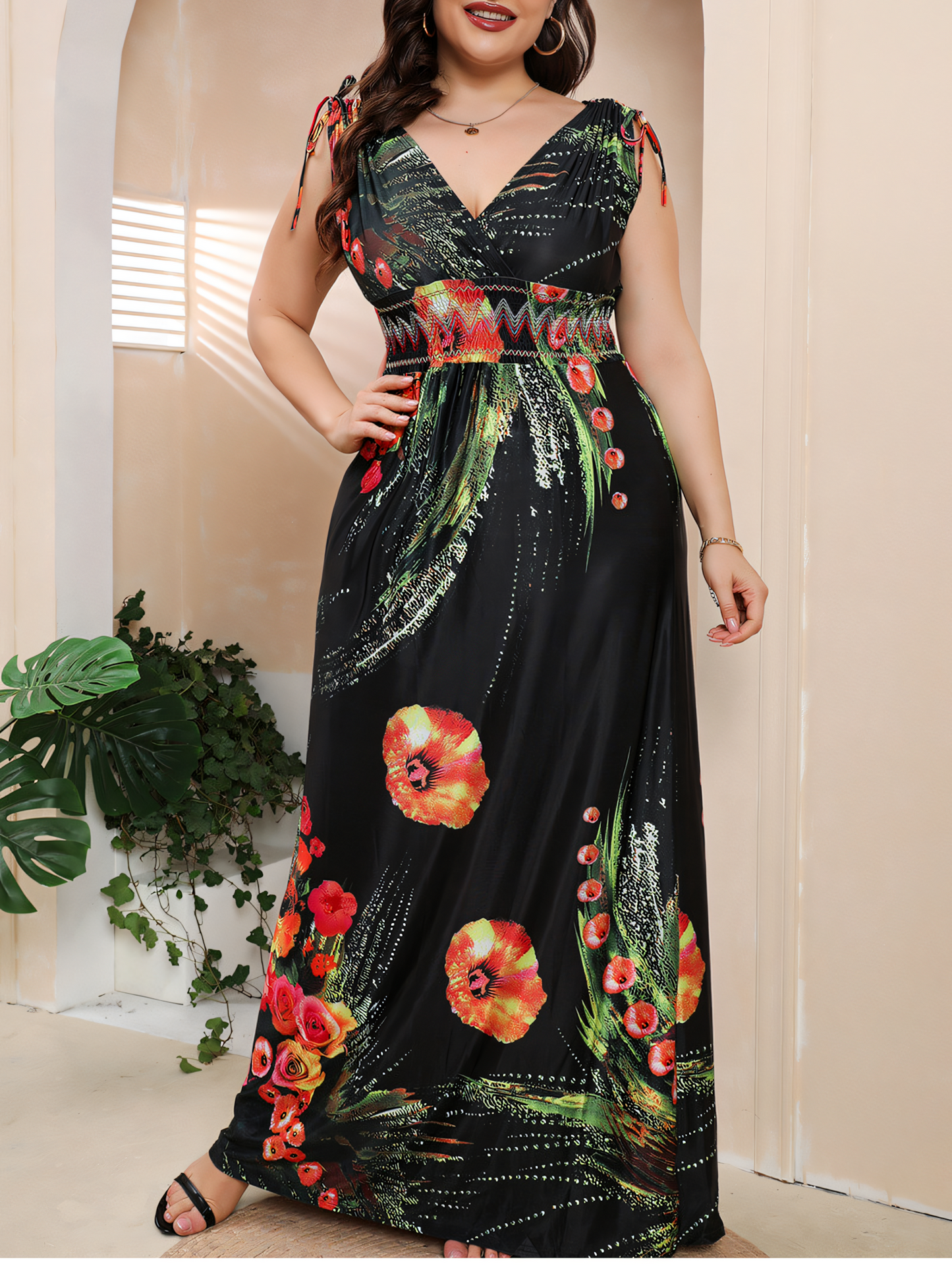 Black Printed Bohemia V-Neck Maxi Dress