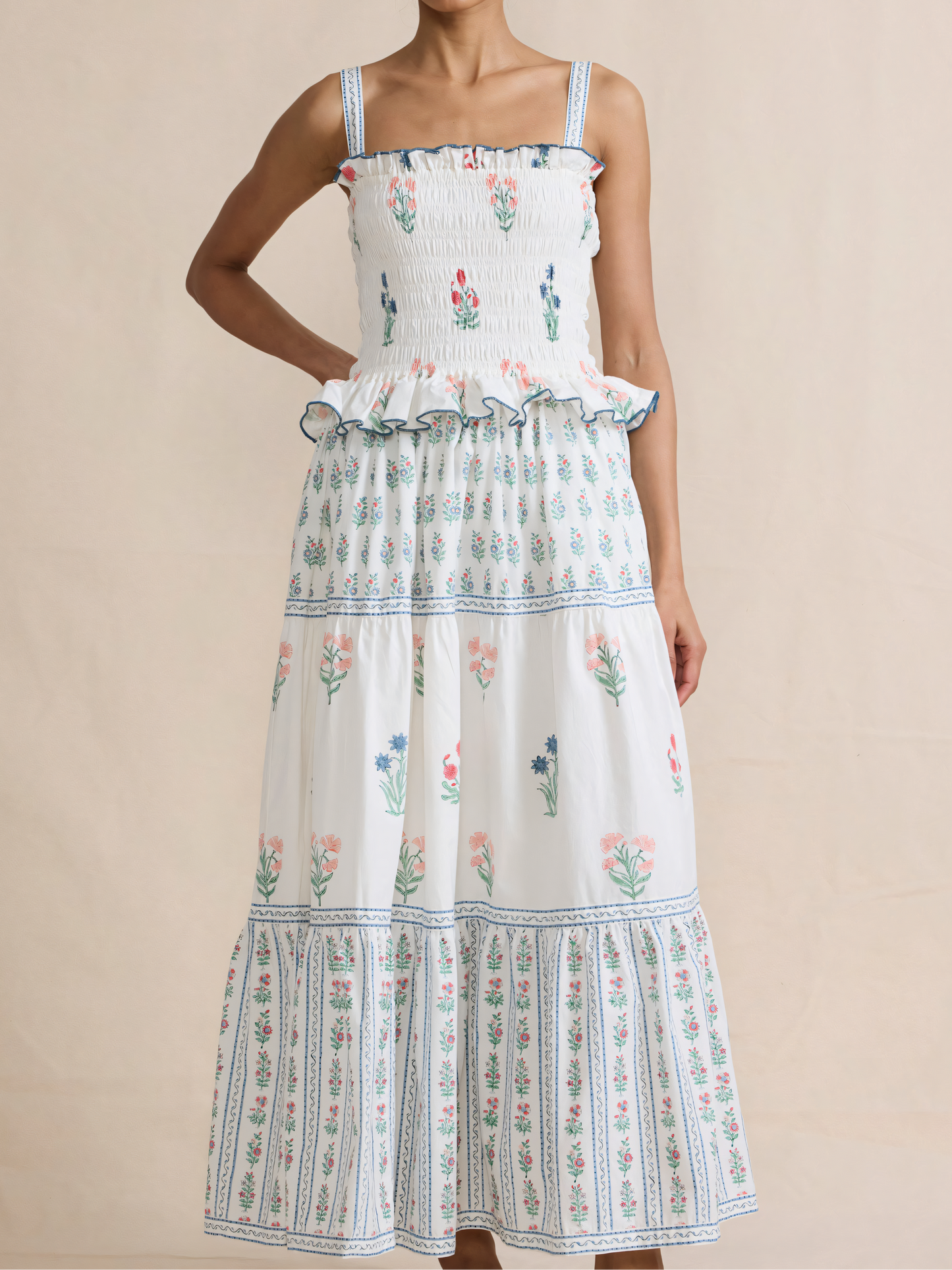 Wave-edged Floral Maxi Dress