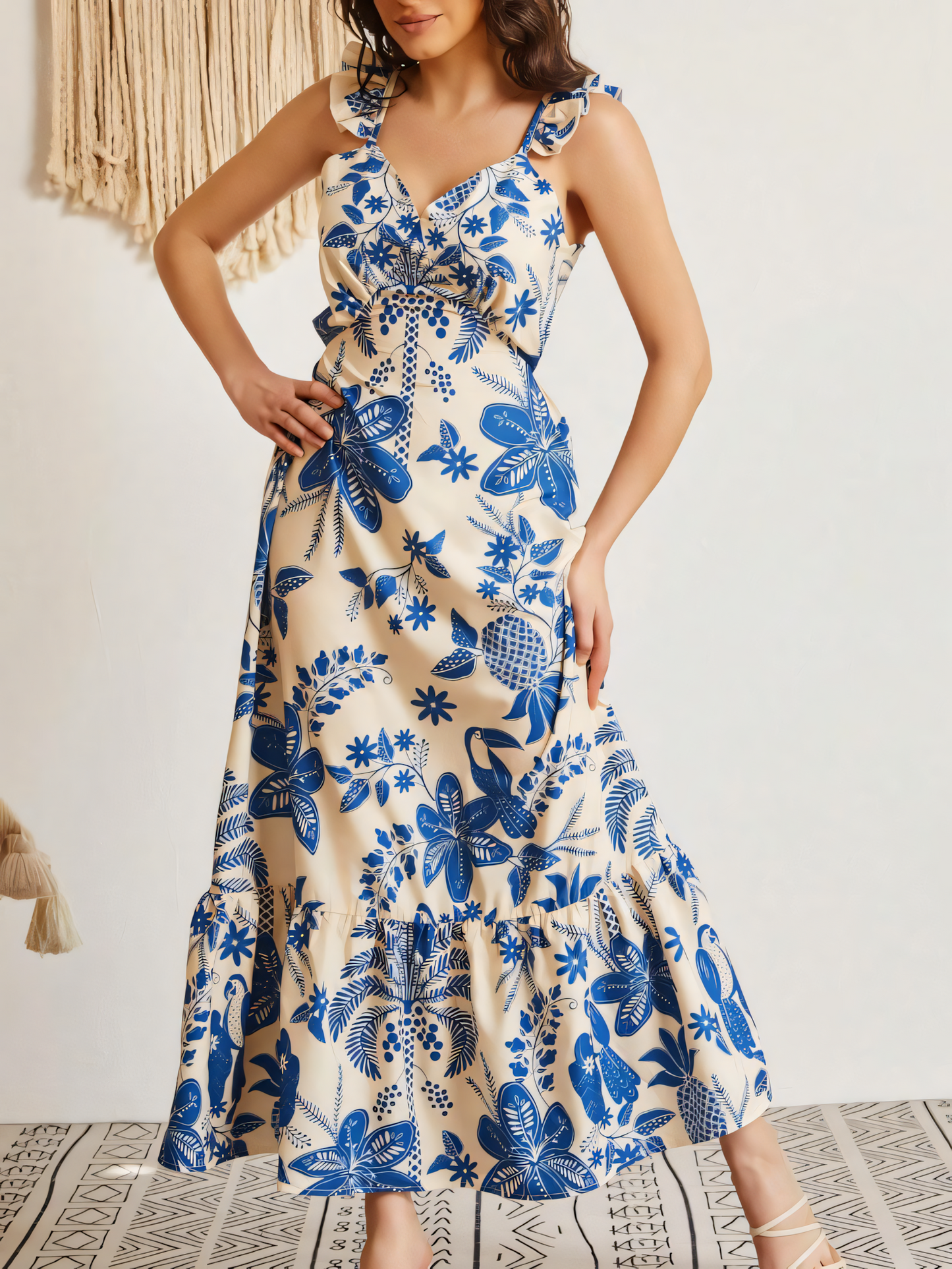 Blue Floral Suspender Slim Maxi Dress