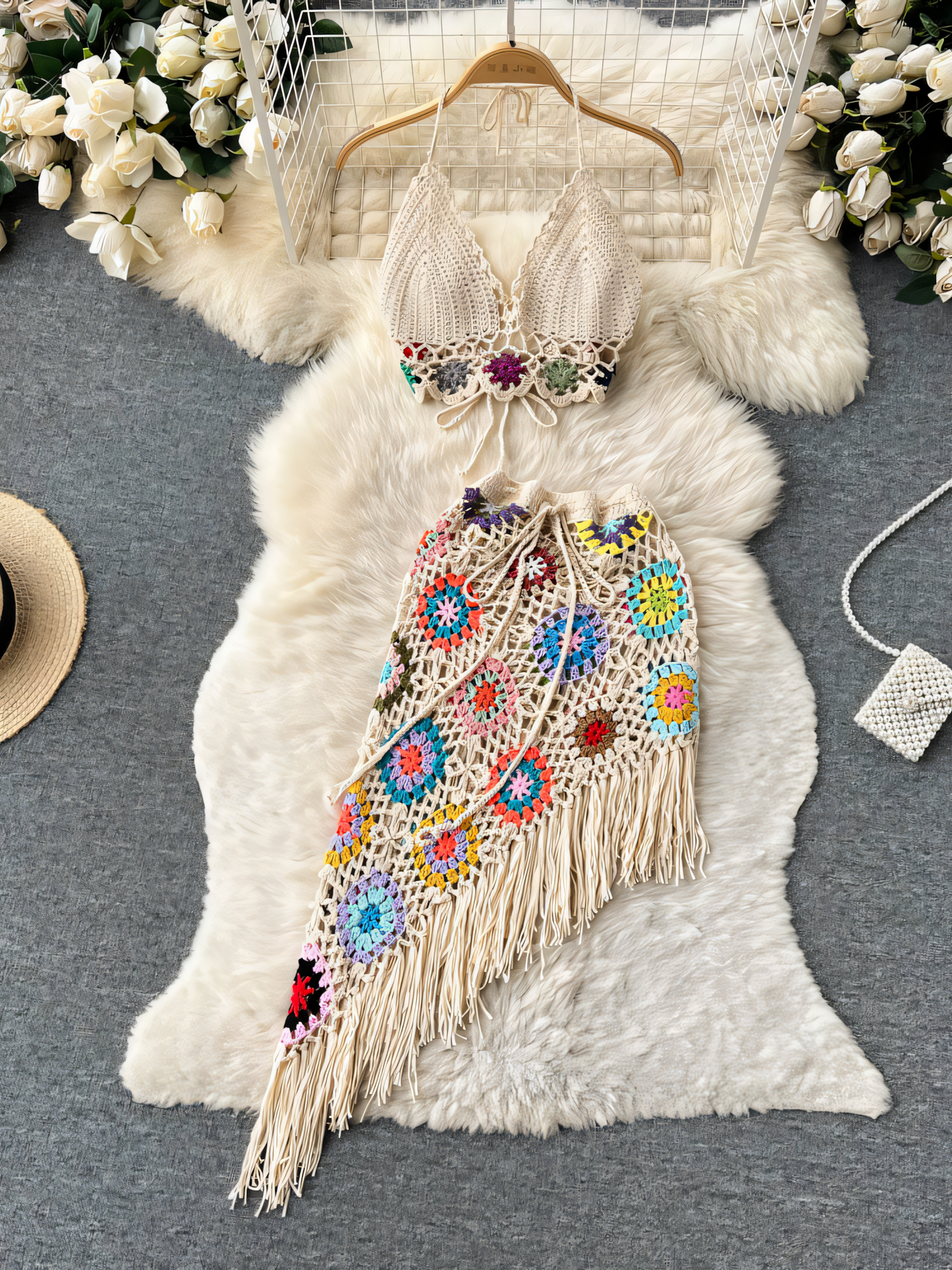 Bohemian Knitted Bandeau Top & Irregular Mini Dress