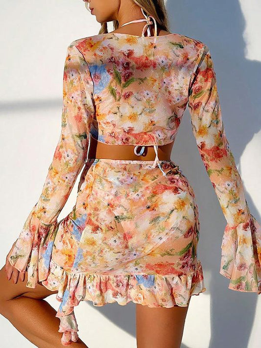 Fashionable Printed Beach Dress Bikini Four-piece Set