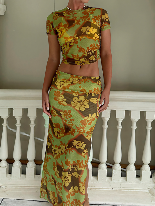 Printed Mesh Slim Maxi Dress