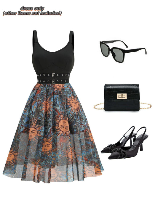 Sun Print Mesh Vintage Elegant Midi Dress