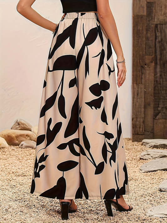 Leaf-print Wide-leg Pants