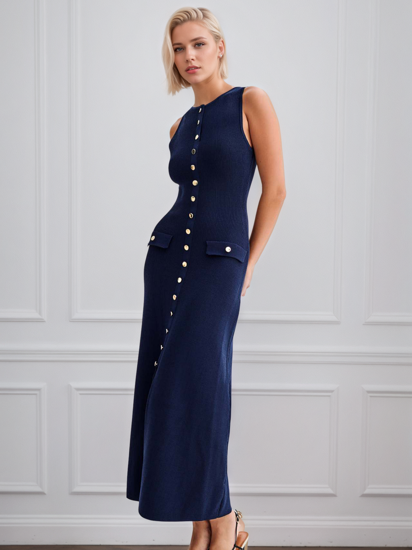 Knit Sleeveless Button Down Maxi Dress