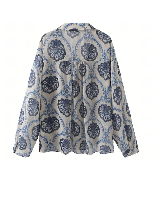 Navy Blue Printed V-Neck Casual Style Shirt