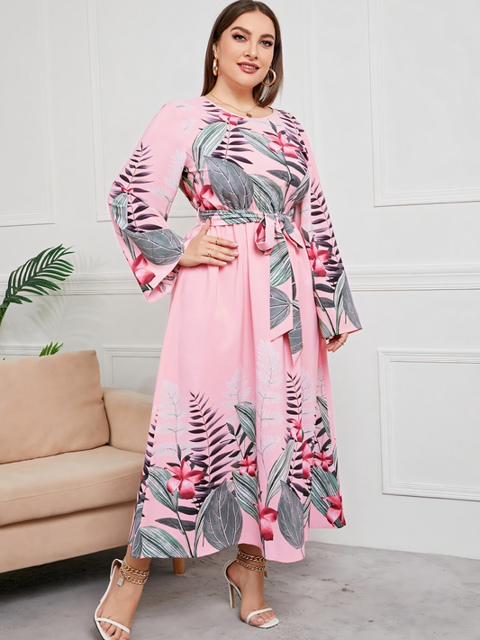 Pink Floral Print Lace-Up Maxi Dress