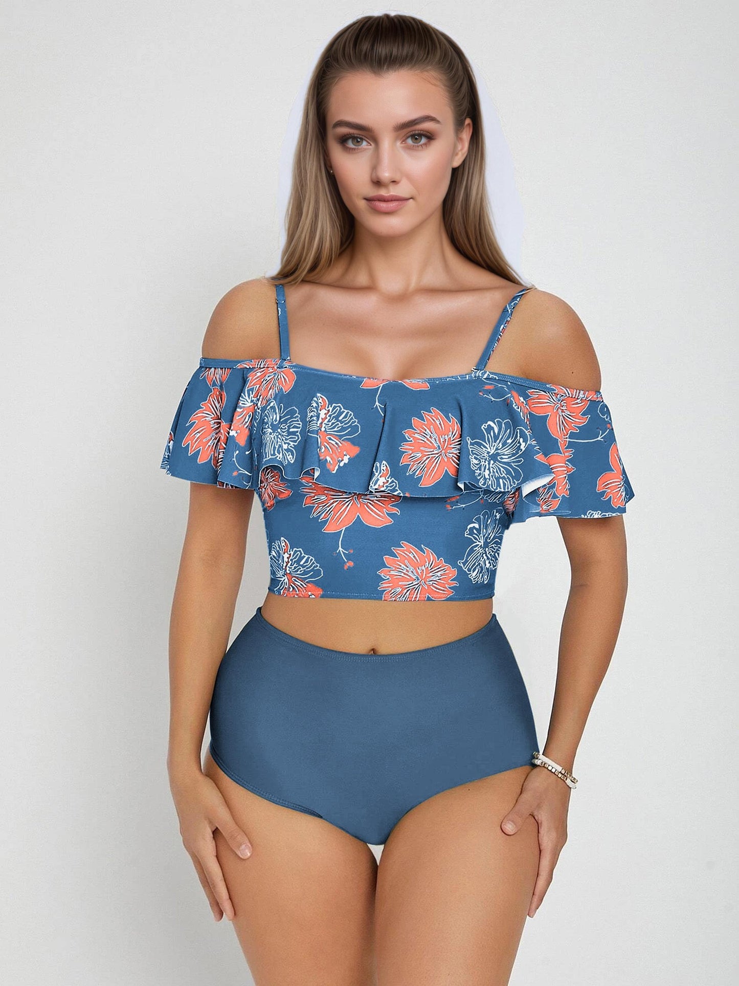 Floral Print Ruffle High-waist Tankini