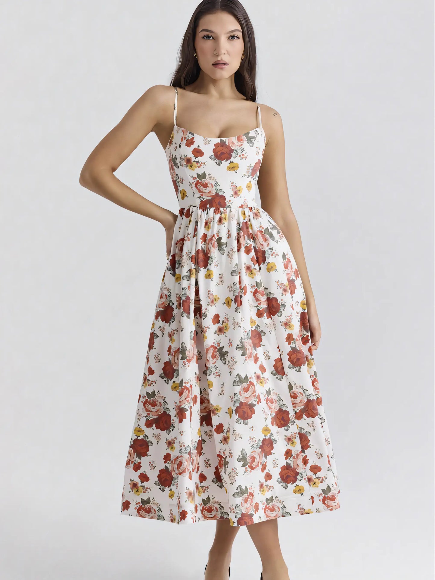 Sweet&Sexy Red Floral Backless Halter Midi Dress