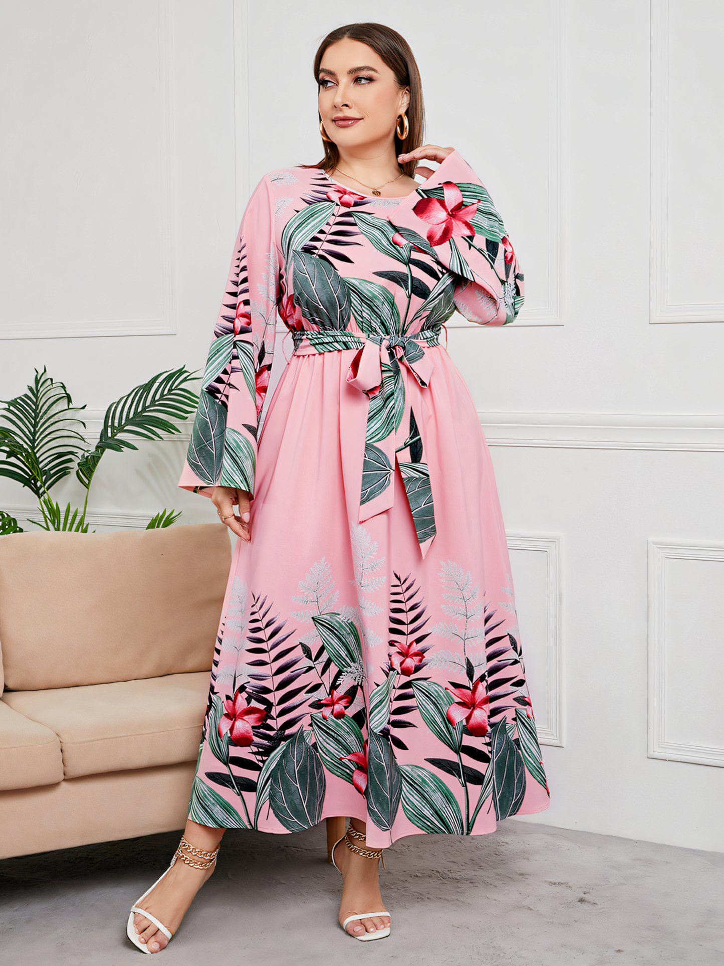 Pink Floral Print Lace-Up Maxi Dress