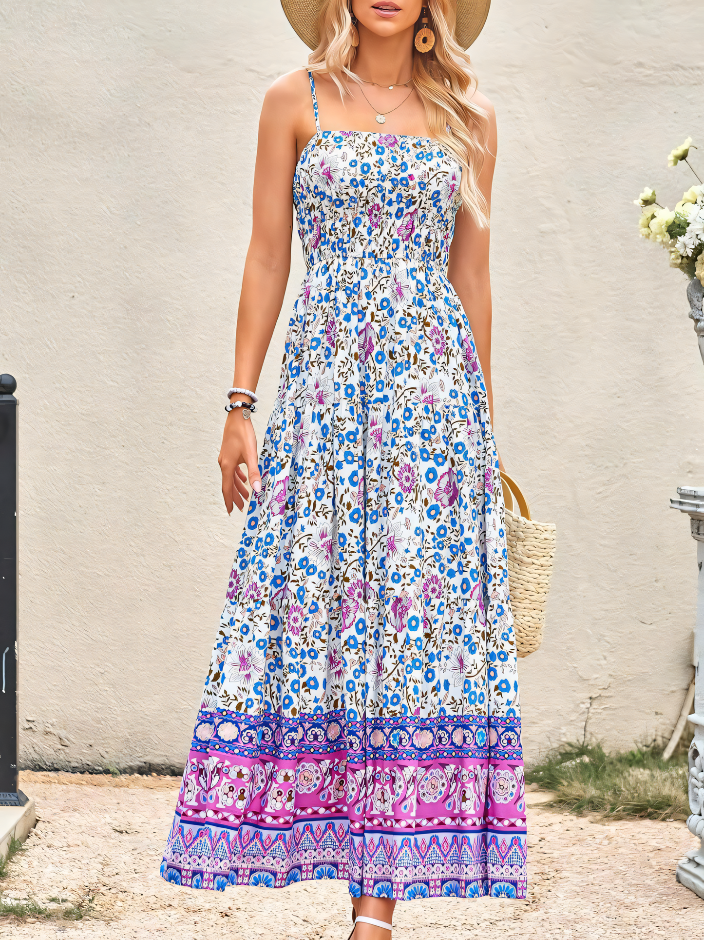 Blue White Floral Bohemian Maxi Dress