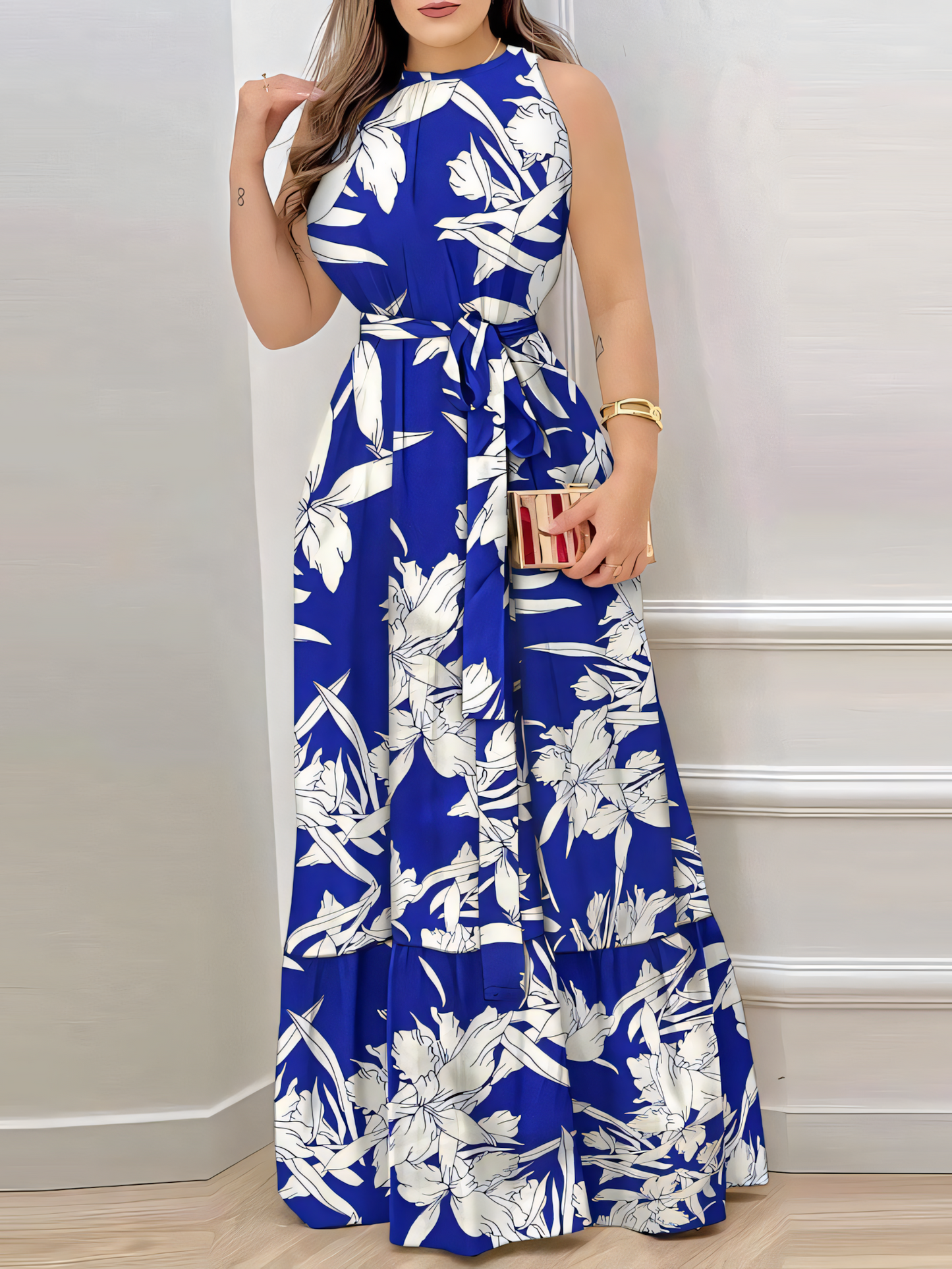 Hanging Neck Tie Printed Ruffle Maxi Dress