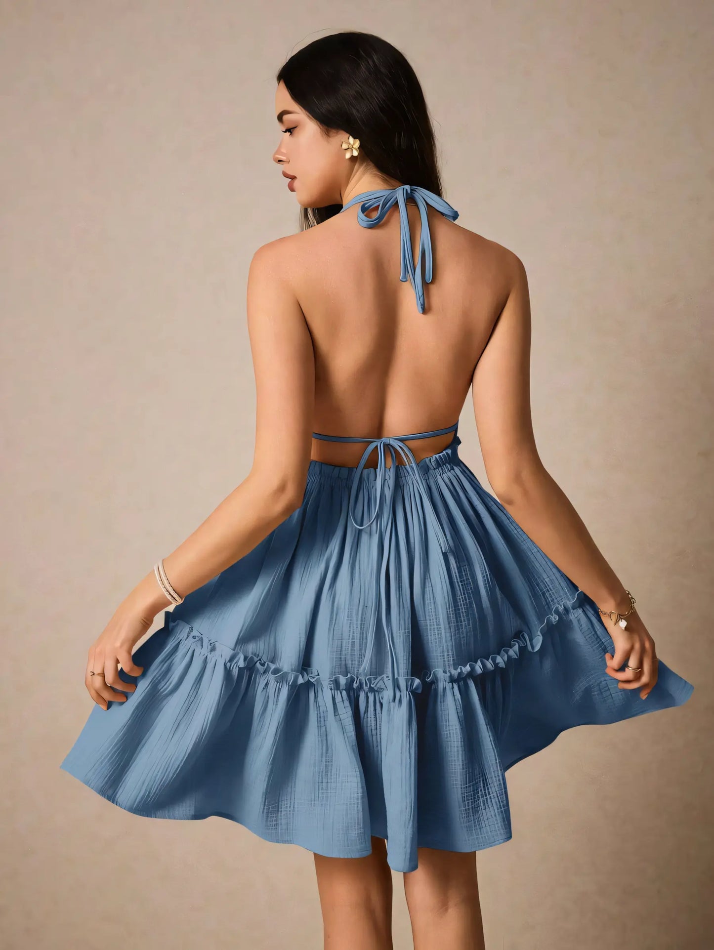 Solid Color Deep V Drawstring Backless Halter Mini Dress