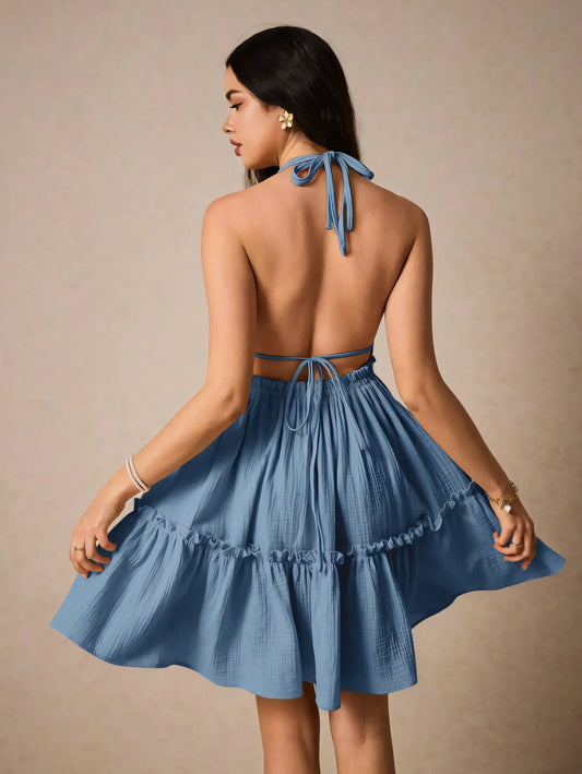 Solid Color Deep V Drawstring Backless Halter Mini Dress