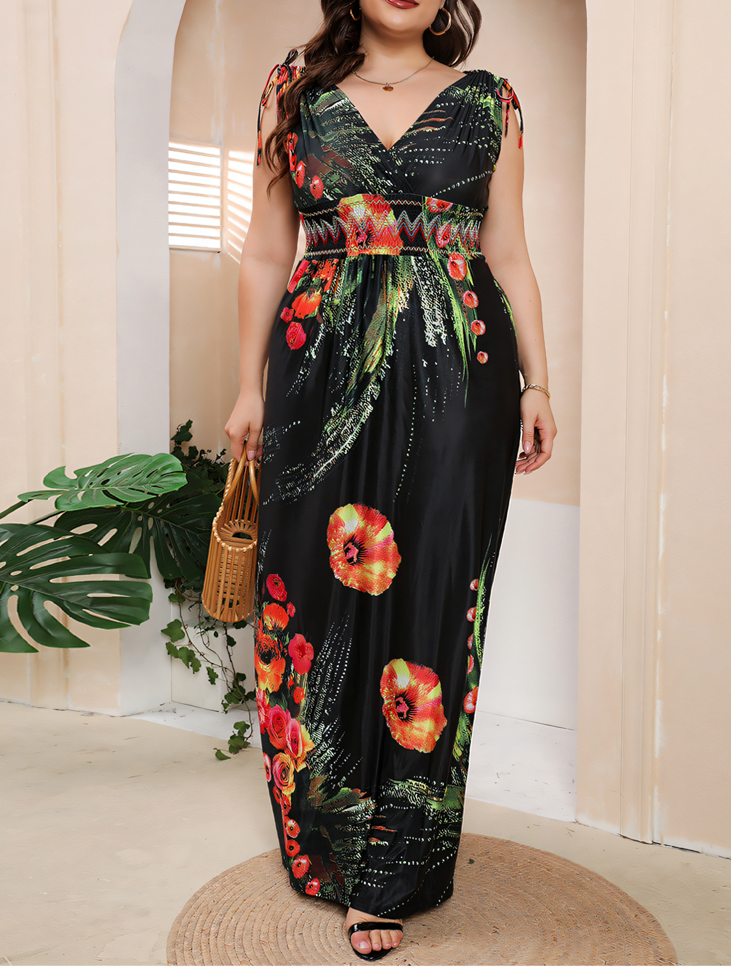 Black Printed Bohemia V-Neck Maxi Dress