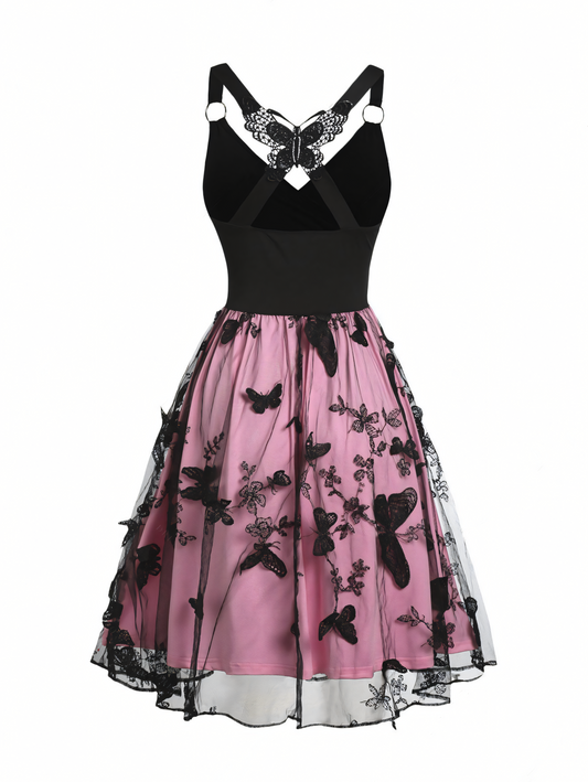 Embroidered Butterfly Mesh Midi Dress