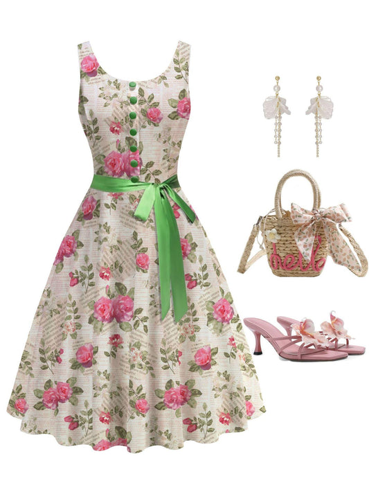 Pink Floral Print Idyllic Vintage Elegant Midi Dress