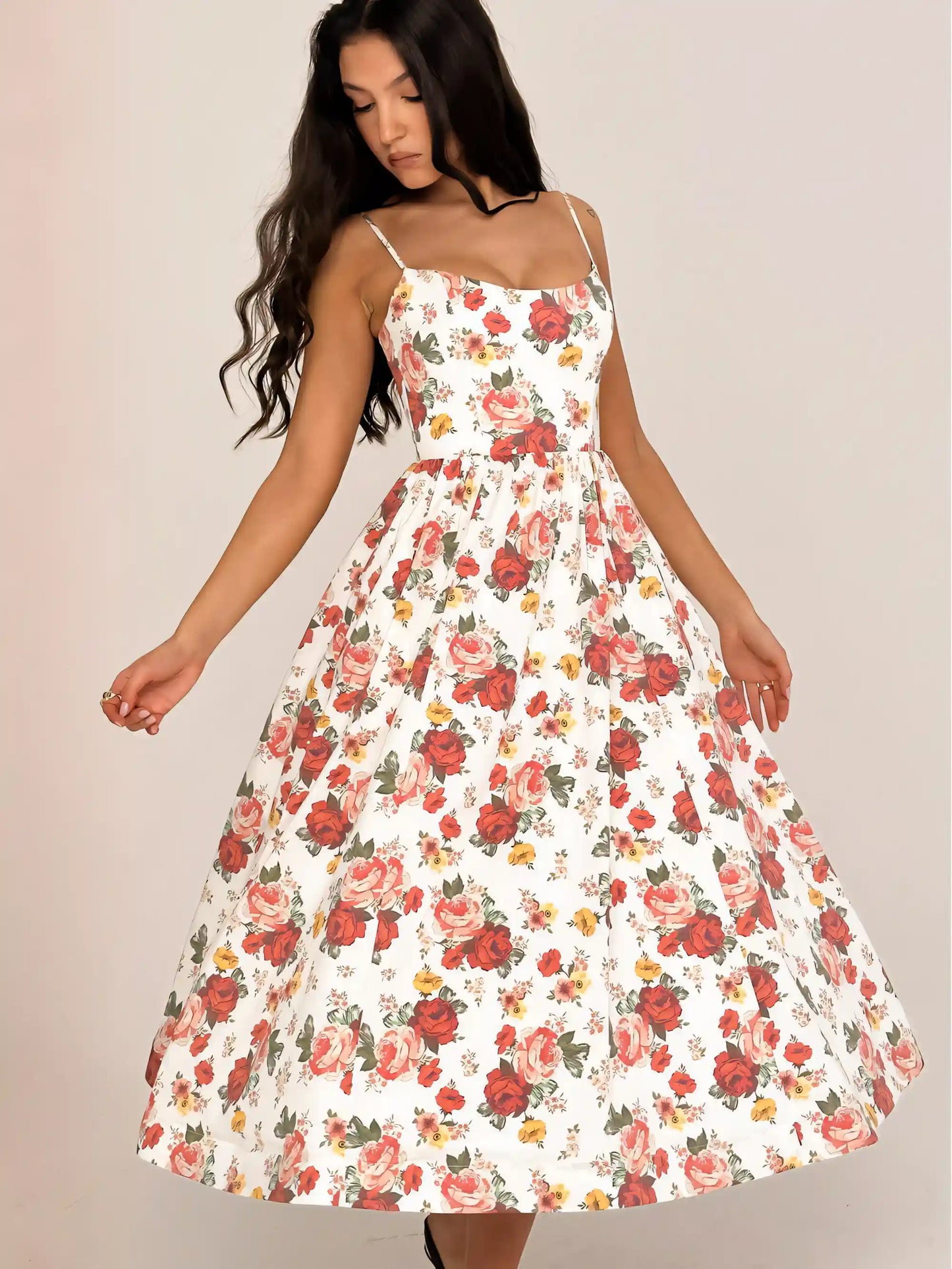 Sweet&Sexy Red Floral Backless Halter Midi Dress