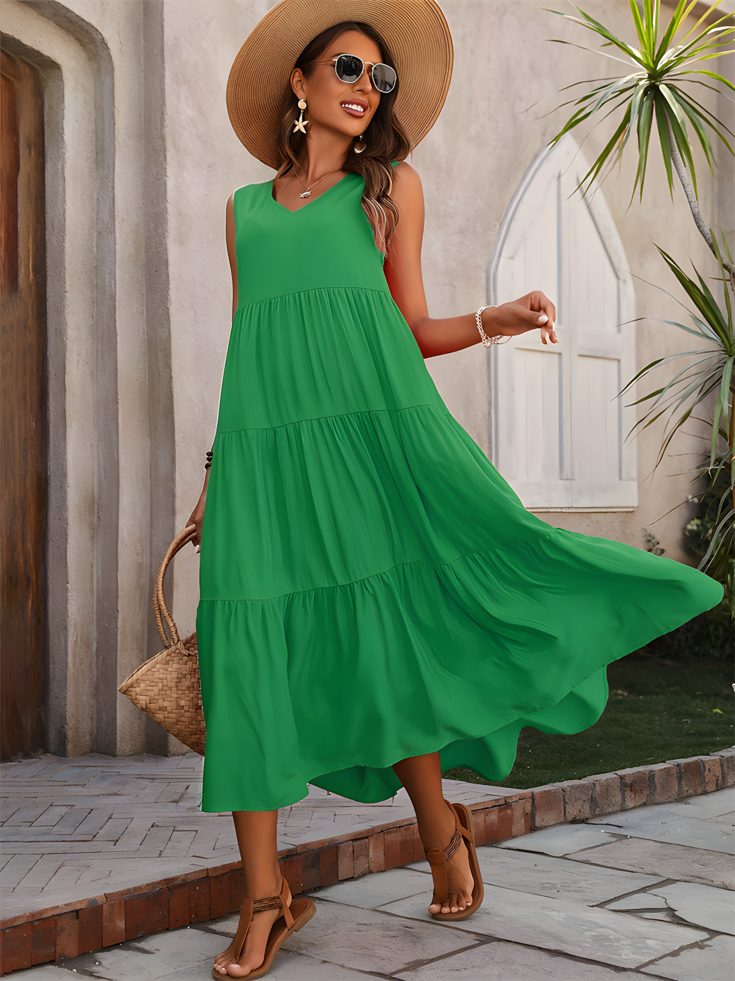 Solid Color V-neck Loose Maxi Dress