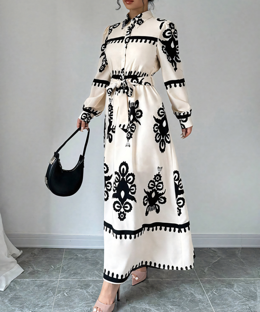 Print Belt Cinched Waist Maxi Dress