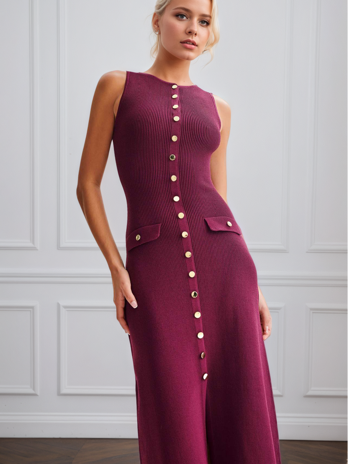 Knit Sleeveless Button Down Maxi Dress