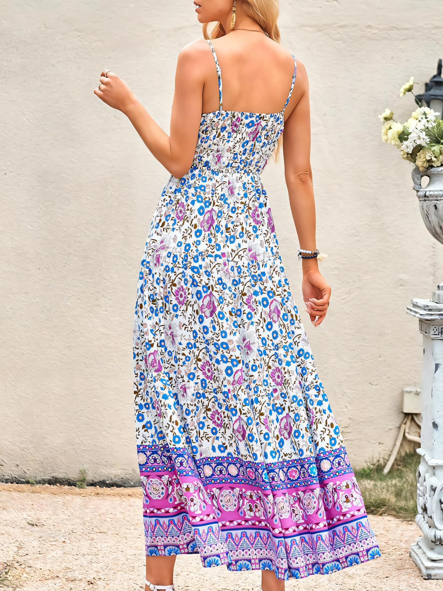 Blue White Floral Bohemian Maxi Dress