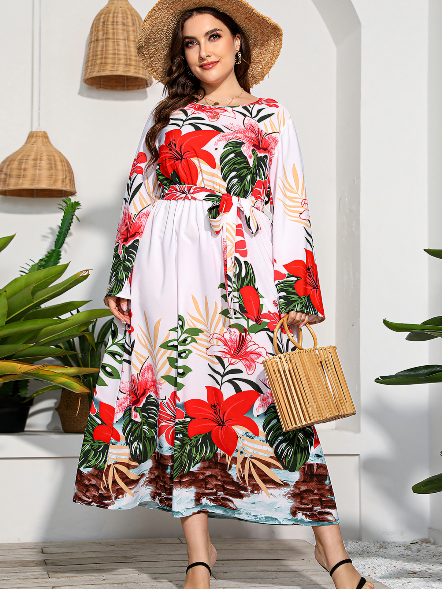 White Floral Print Lace-Up Maxi Dress