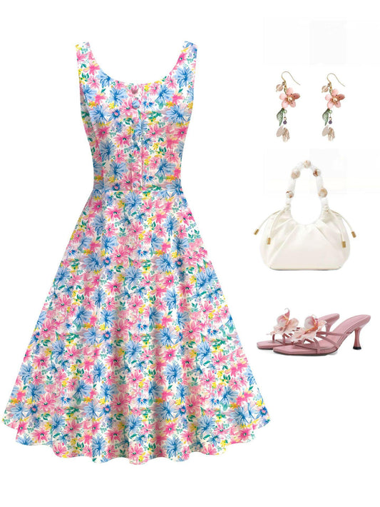 Colorful Daisies Floral Print Vintage Elegant Midi Dress