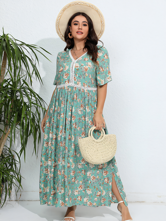 Green Floral Lace Patchwork Maxi Dress