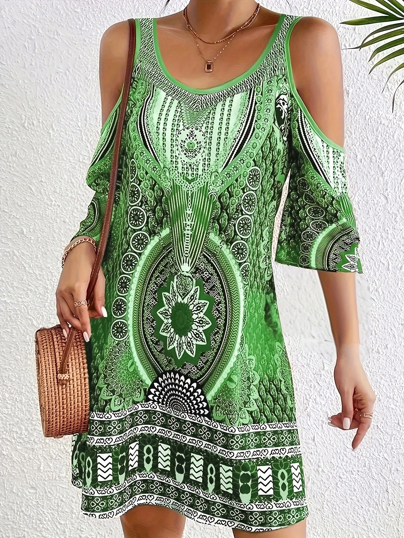 Off-the-shoulder Digitally Printed Midi Dress