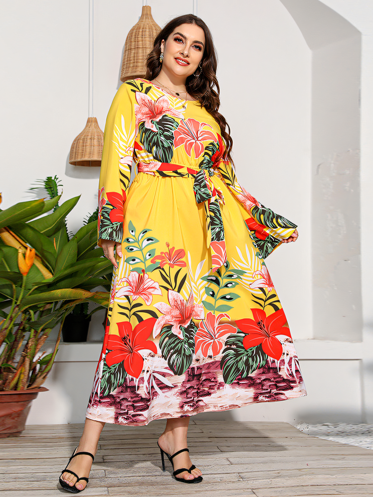 Yellow Floral Print Lace-Up Maxi Dress