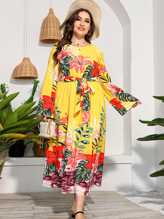 Yellow Floral Print Lace-Up Maxi Dress