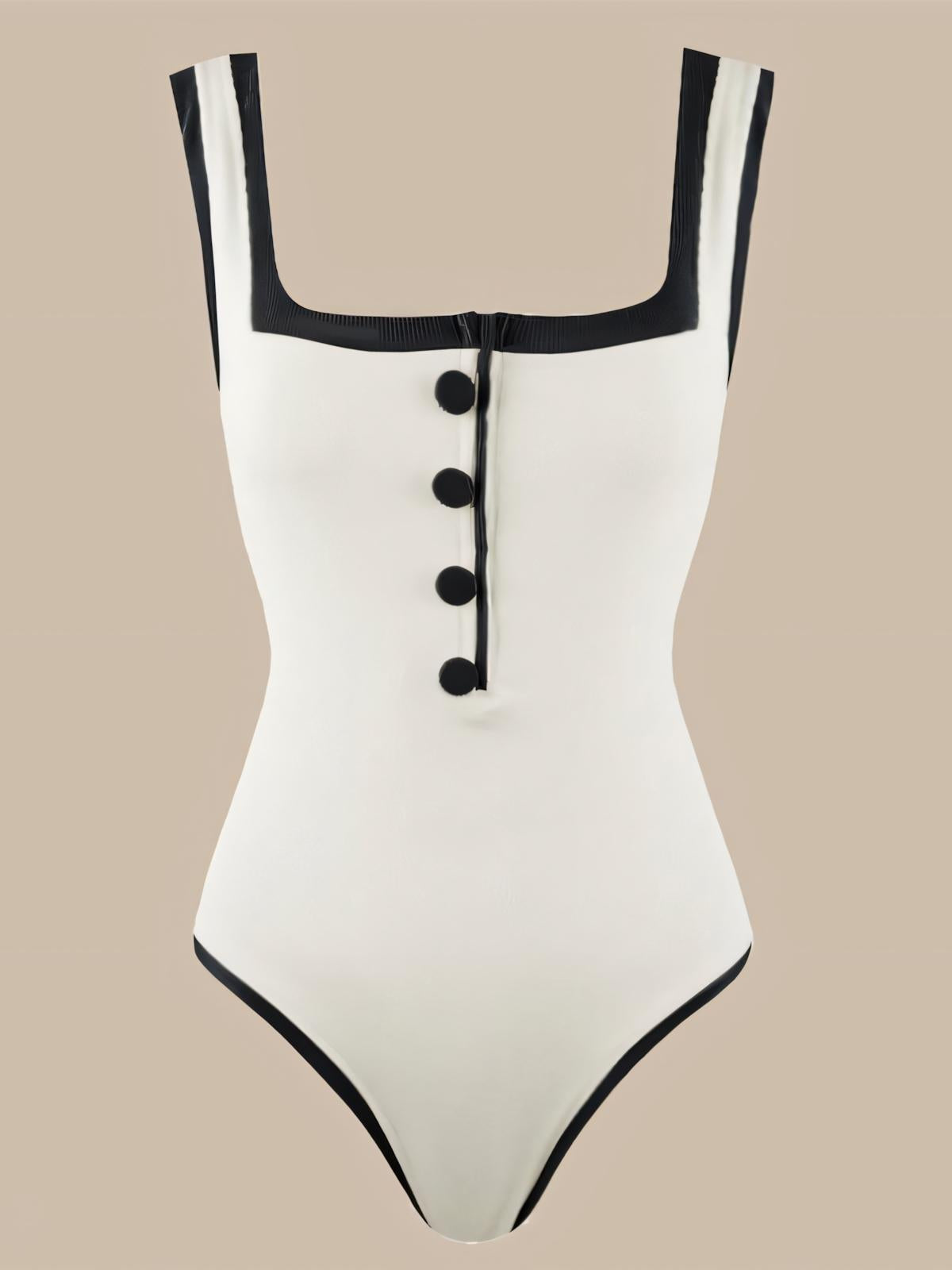 Black White Color-blocked One-Piece Swimsuit