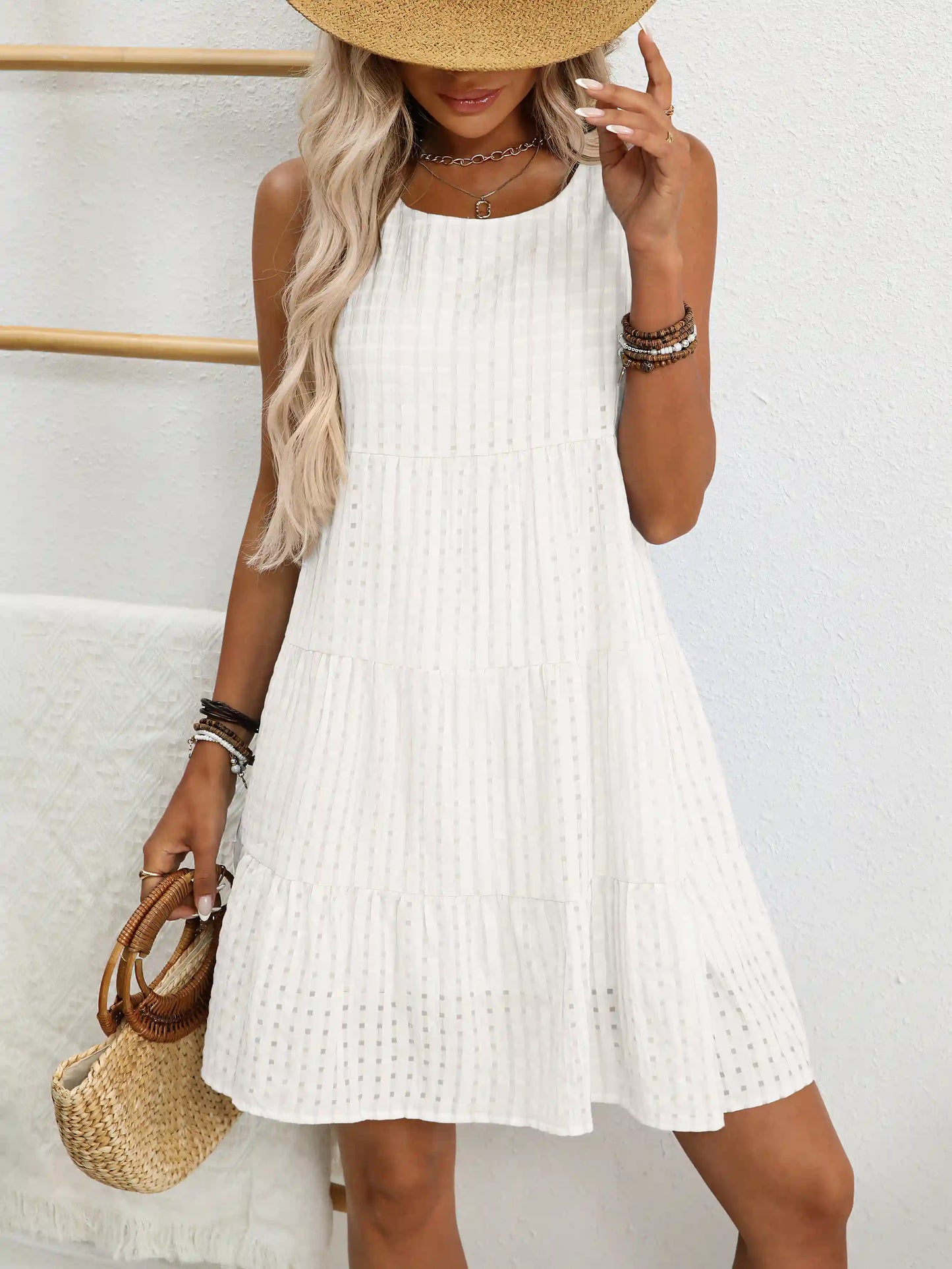 White Plaid Casual Elegant Sleeveless Midi Dress
