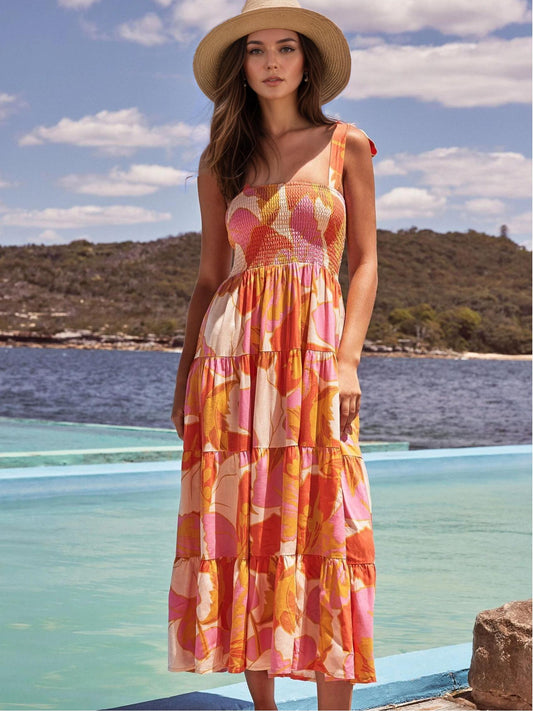 Yellow Leaves Print Strap Maxi Dress