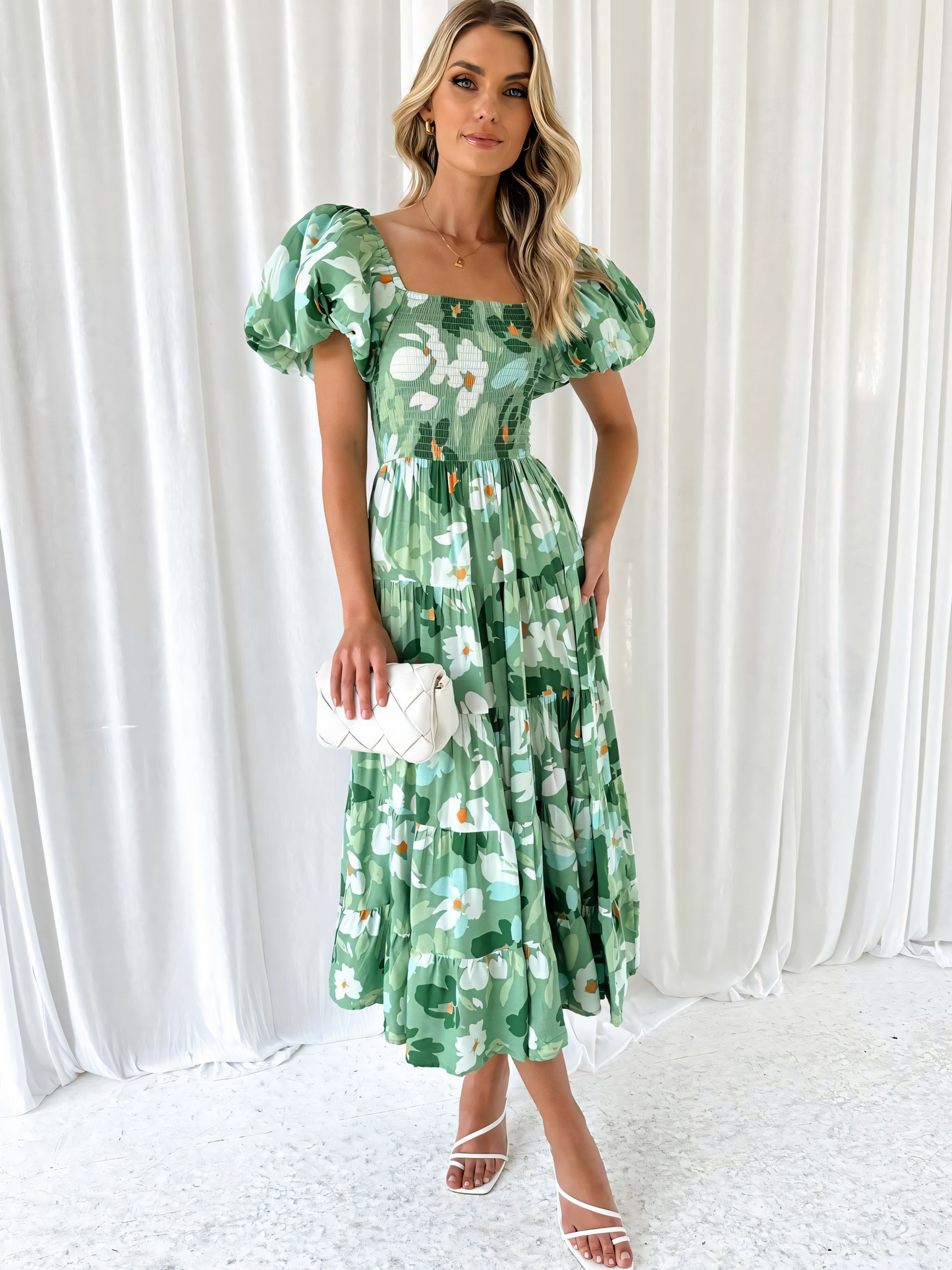 Green Floral Printed Puffy Bubble Sleeve Midi Dress