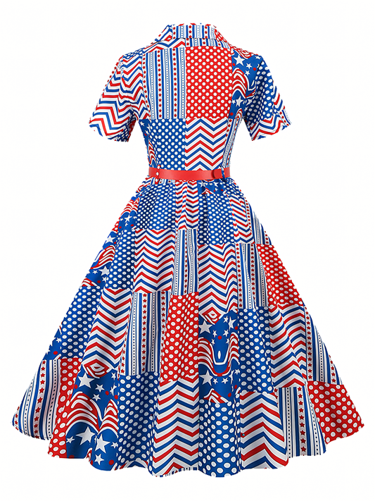 Independence Day White Blue Red Printed Vintage Midi Dress