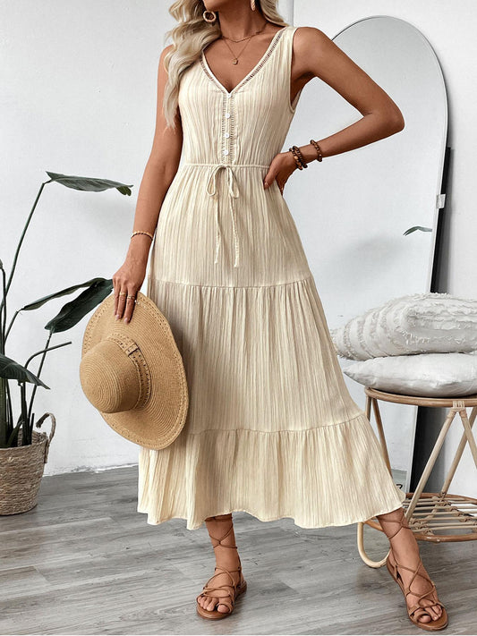 Apricot Lace-up Pleats Maxi Dress