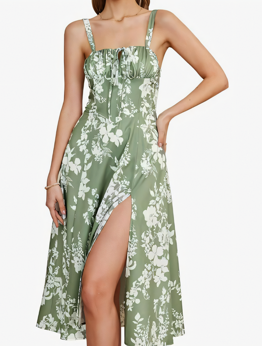 Printing Waist Herringbone Shaped Slit Drawstring Tie Slip Midi Dress