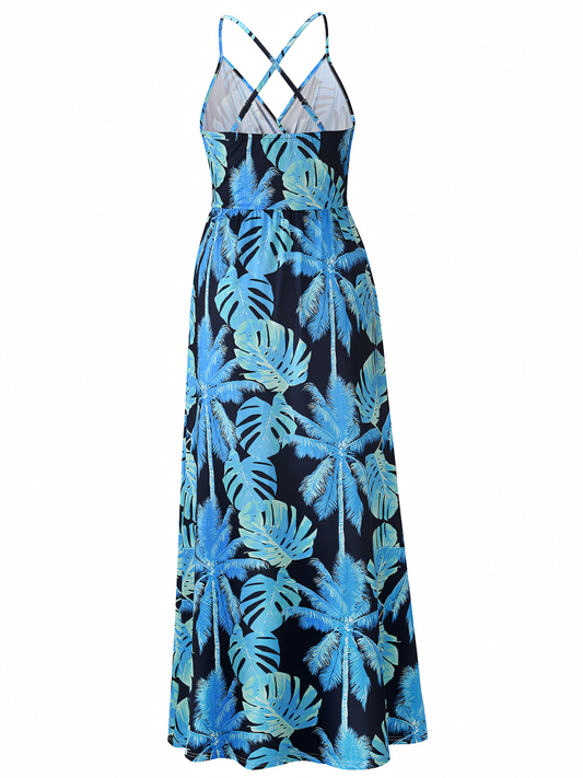 Black Blue Floral Bohemia Halter Maxi Dress