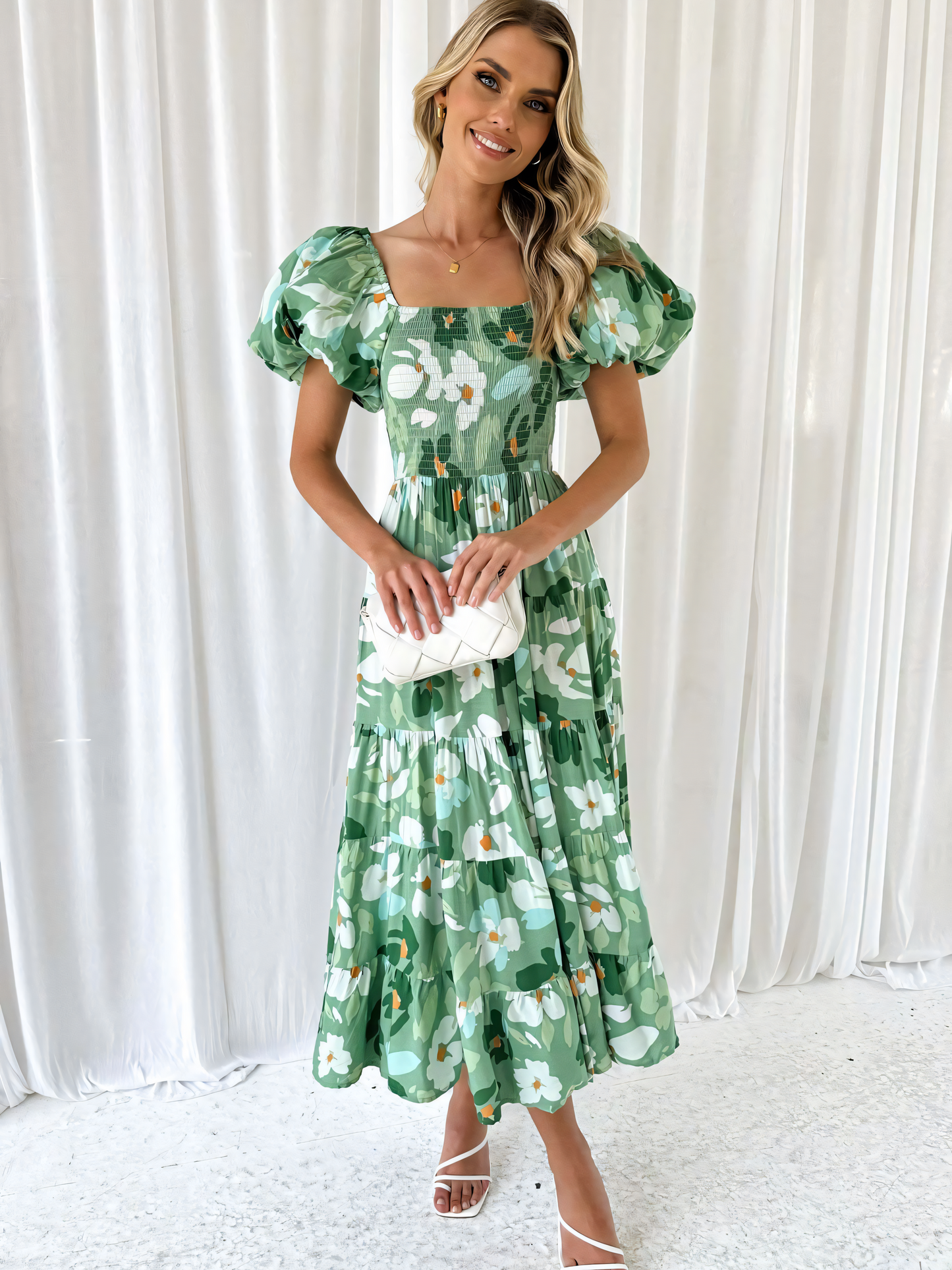 Green Floral Printed Puffy Bubble Sleeve Midi Dress