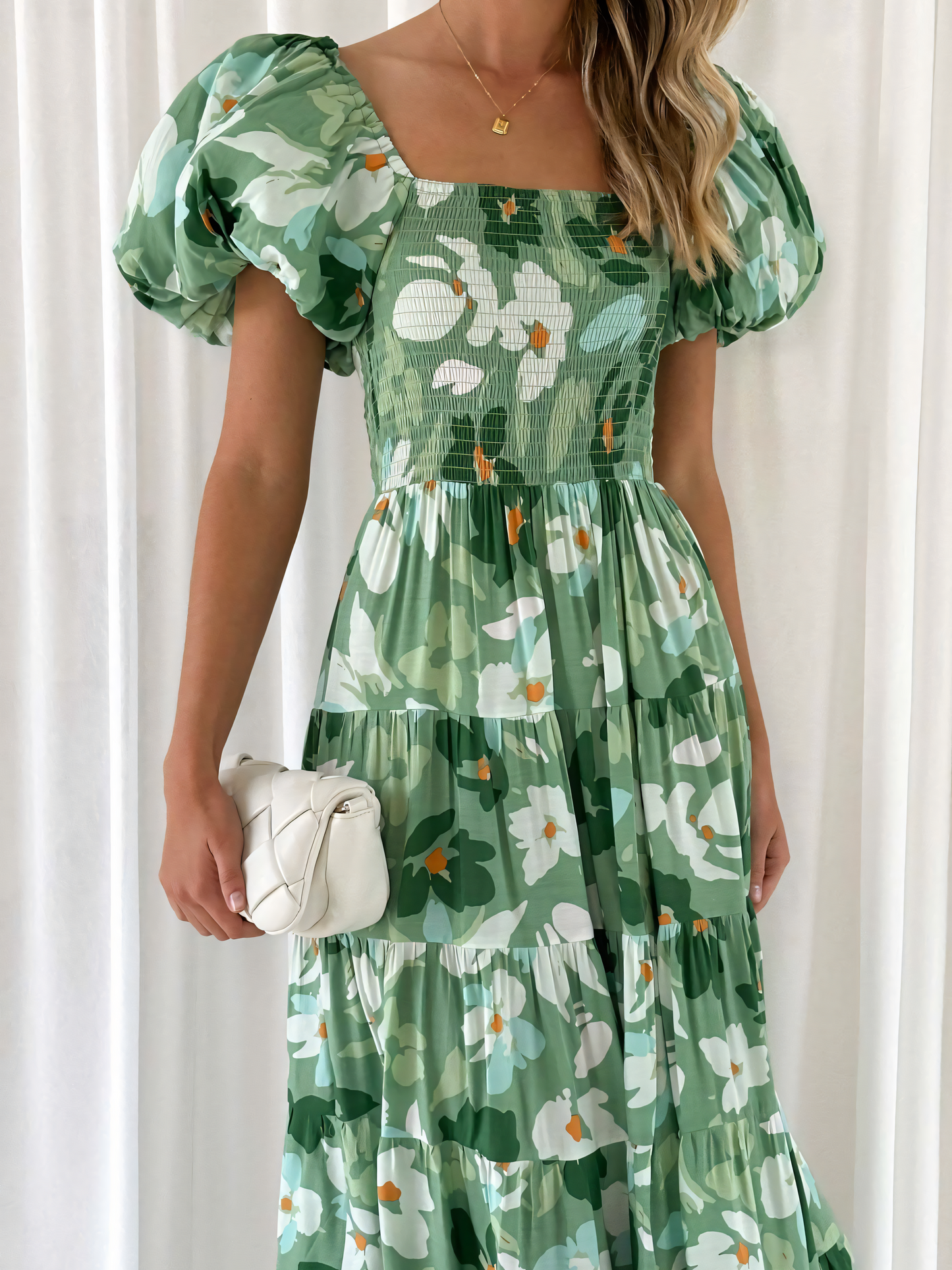 Green Floral Printed Puffy Bubble Sleeve Midi Dress