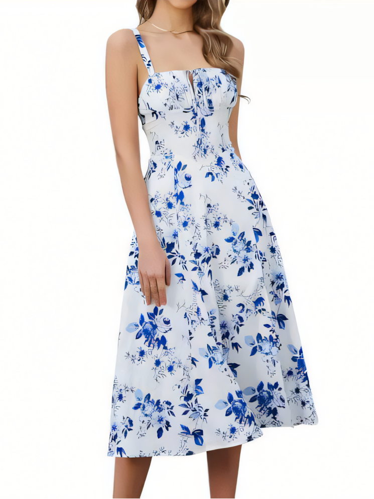 Printing Waist Herringbone Shaped Slit Drawstring Tie Slip Midi Dress